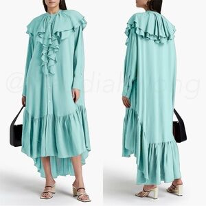 AMI Paris ALEXANDRE MATTIUSSI Ruffle Long Sleeve Midi Dress in Green Aqua